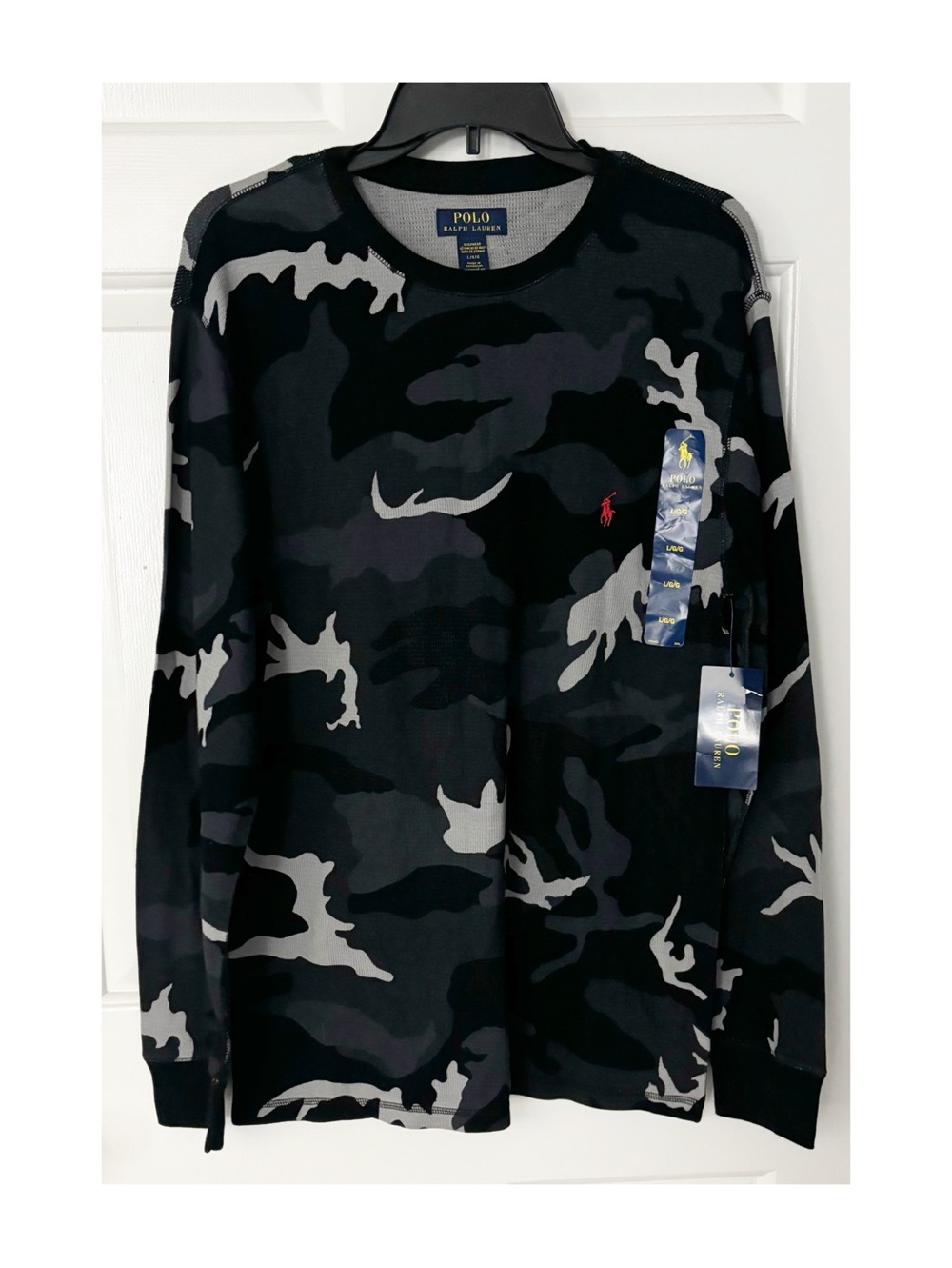 Mens Polo Ralph Lauren Camo Long Sleeve Thermal Shirt, Black White & Grey Sz L